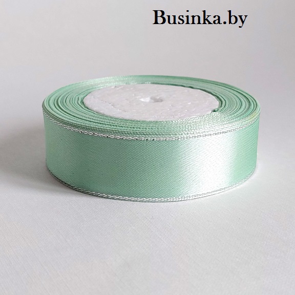 Атласная лента с серебряным люрексом 2,5 см, мятный (бабина), светлый — изображение 1