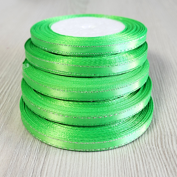 Атласная лента 0,6 см салатовый/серебро (бабина) — изображение 1