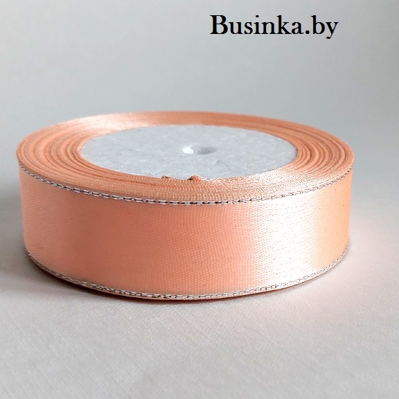 Атласная лента с серебряным люрексом 2,5 см, персиковый (бабина) — изображение 1