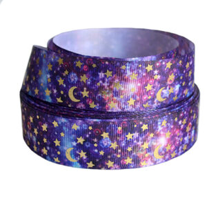 Репсовая лента "Звёзды с луной" 2,5 см (1м), фиолетовый/золото