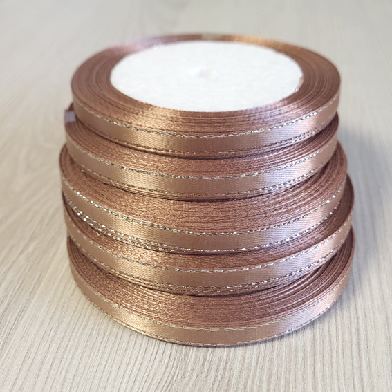 Атласная лента 0,6 см светло-коричневый/серебро (бабина) — изображение 1