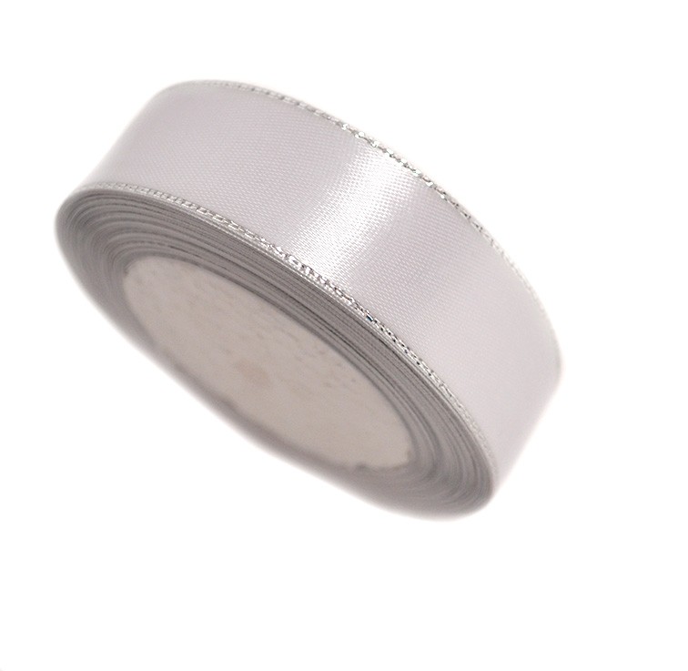 Атласная лента 2,5 см белый с серебрянным люрексом  (бабина) — изображение 1