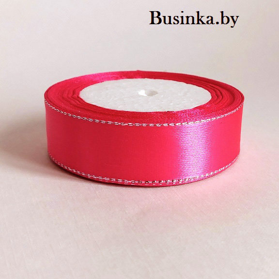 Атласная лента с серебряным люрексом 2,5 см, ярко-розовый №2 (бабина) — изображение 1