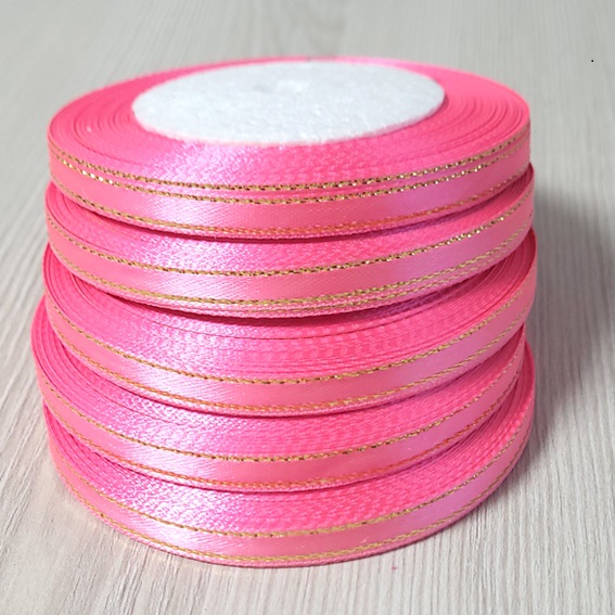 Атласная лента 0,6 см ярко-розовый/золото (бабина) — изображение 1