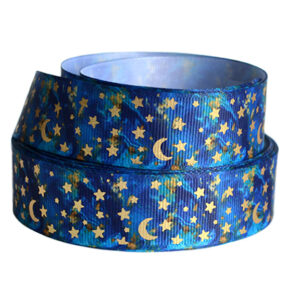 Репсовая лента "Звёзды с луной" 2,5 см (1м), синий/золото