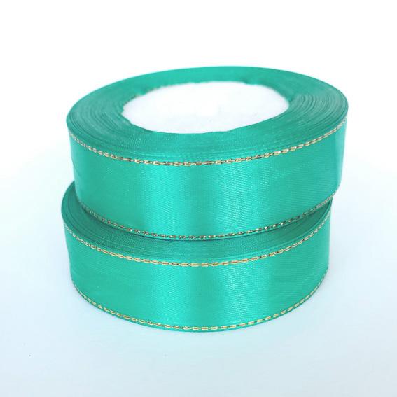 Атласная лента с люрексом 2,5 см, зелёный/золото (бабина) (яркая мята) — изображение 1