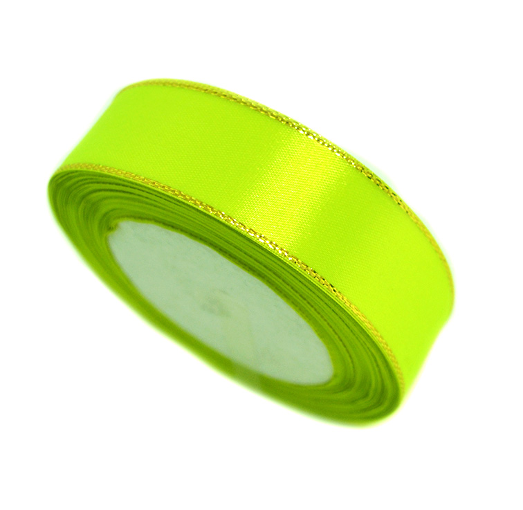 Атласная лента с люрексом 2,5 см, ярко-салатовый/золото (бабина) (лайм) — изображение 1