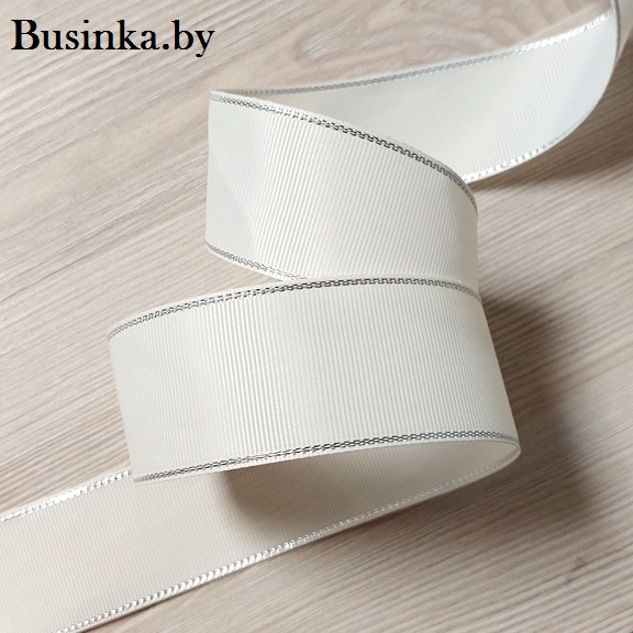 Репсовая лента с люрексом 4 см, (1 метр), айвори/серебро (кремовый) — изображение 1