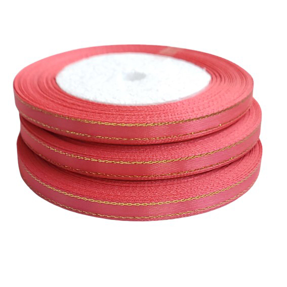 Атласная лента 0,6 см коралловый/золото (бабина) — изображение 1