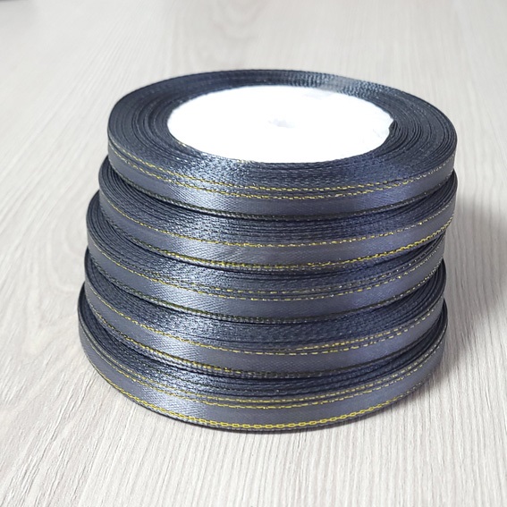 Атласная лента 0,6 см тёмно-серый/золото (бабина) — изображение 1
