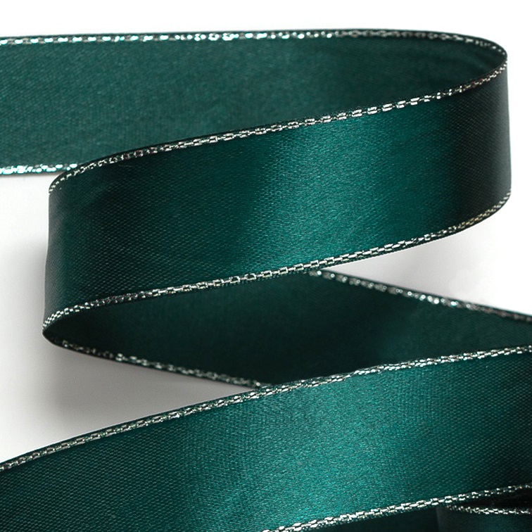 119-422 Атласная лента 2,5 см с люрексом (1 метр), тёмно-зелёный/серебро — изображение 1